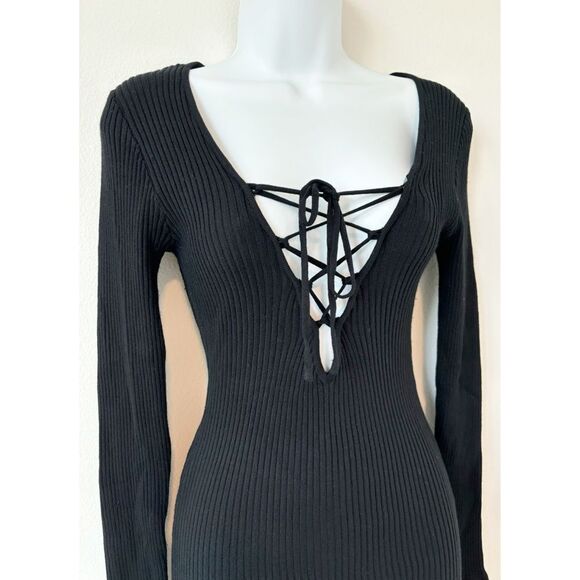 Blue Blush Black Ribbed Lace-Up Bodycon Dress | Size M | Long Sleeve - Picture 6 of 11